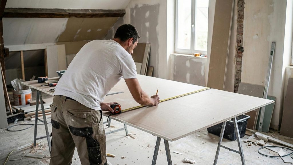 Artisan plaquiste Narbonne : mesure et pose de plaque de plâtre pour une rénovation.